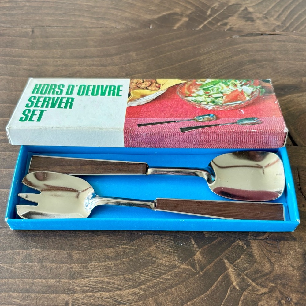 MCM Hors D'Oeuvre Server Set Fork & Spoon Appetizers 60s Dinner Party Vintage